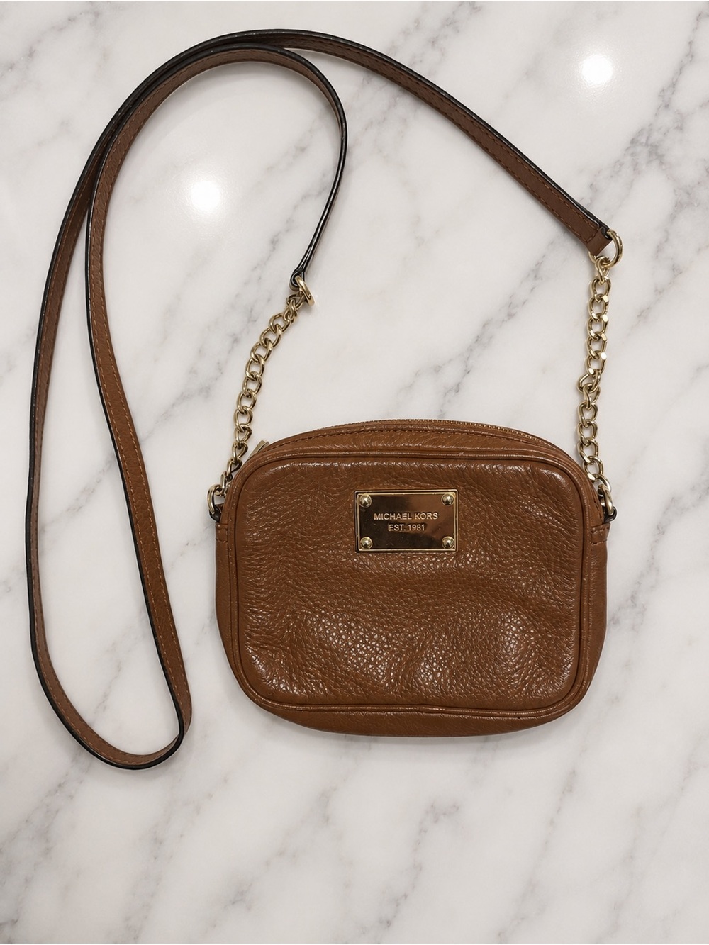 Michael Kors Cognac Leather Crossbody with Gold Chain